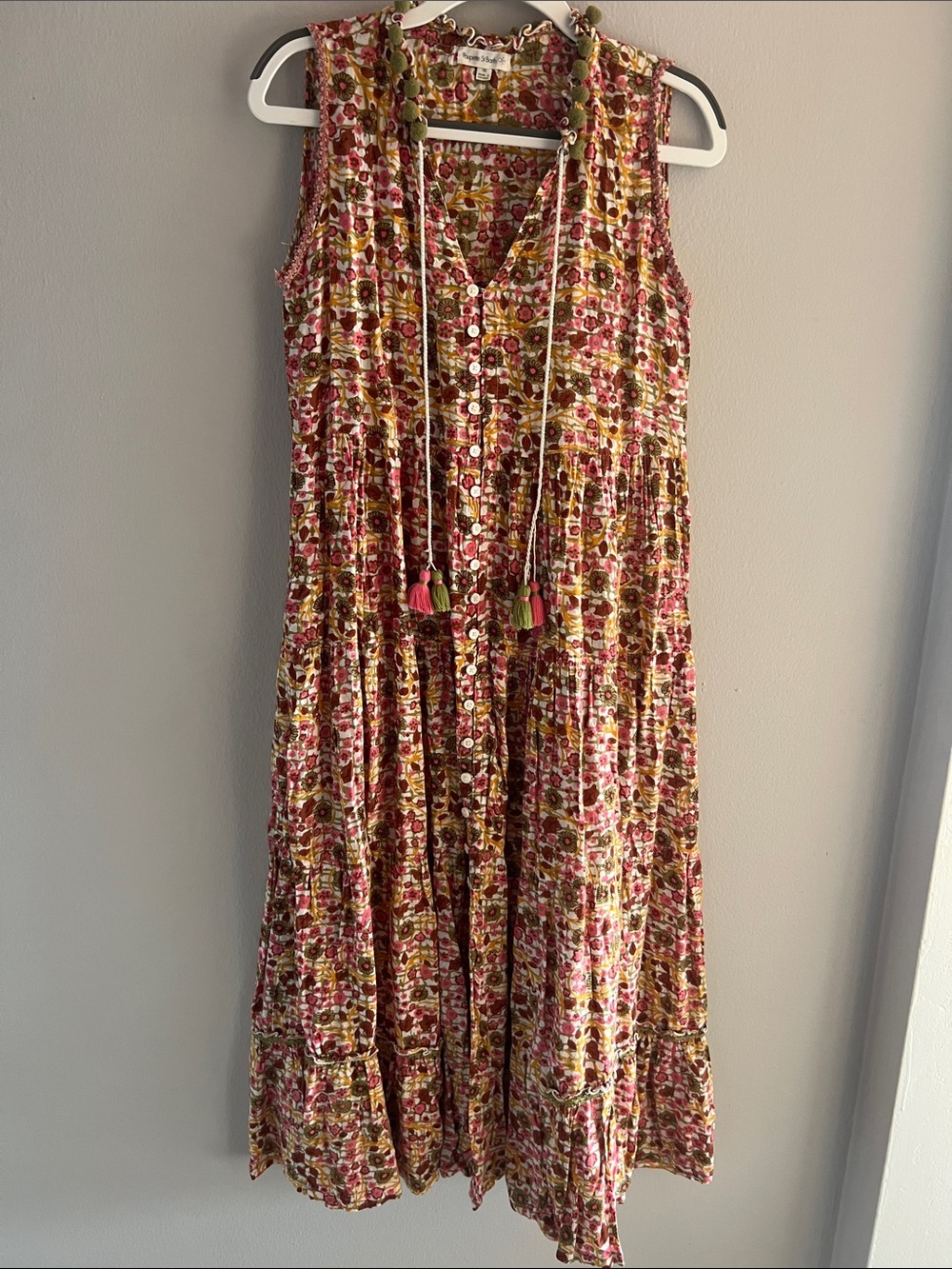 Poupette St. Barth Floral Midi Dress in Pink, Mustard & Olive